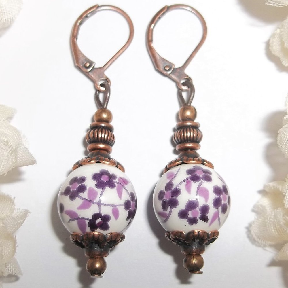 Boho Earring Set Floral Purple White and Rustic Copper Fashion Jewelry Set 7008 - Picture 1 of 9